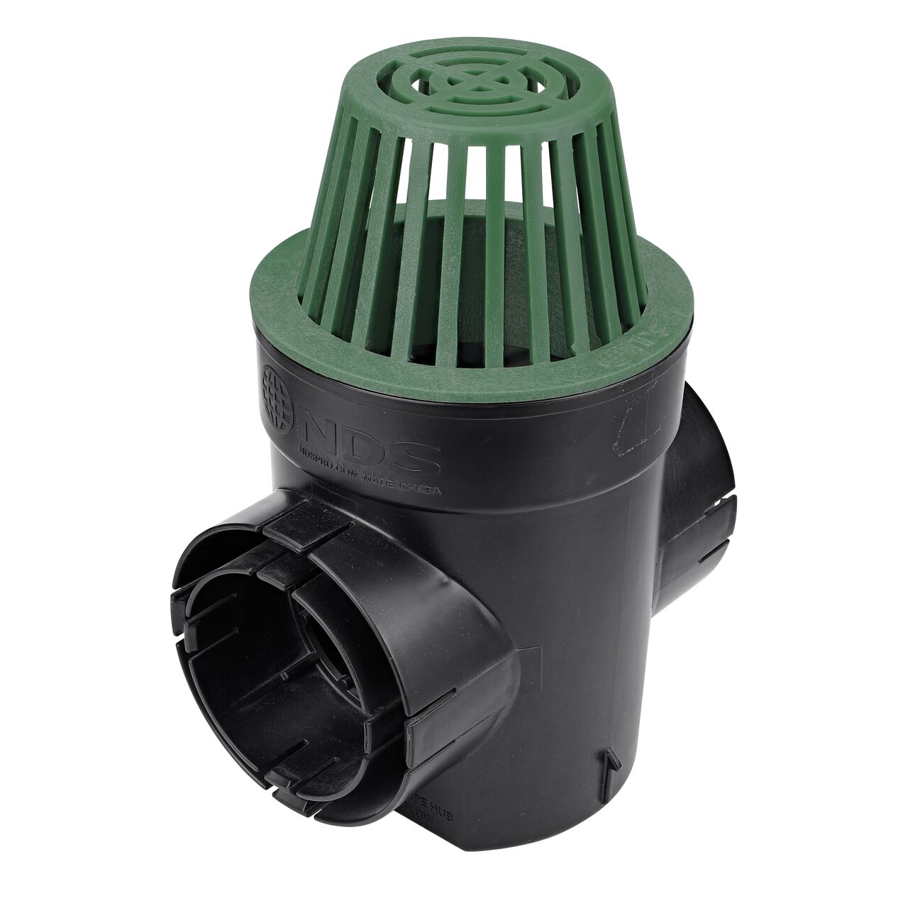 NDS Green Plastic 6 in. Atrum Grate (NDS 80) installed to a single outlet Spee-D Basin (NDS 201)