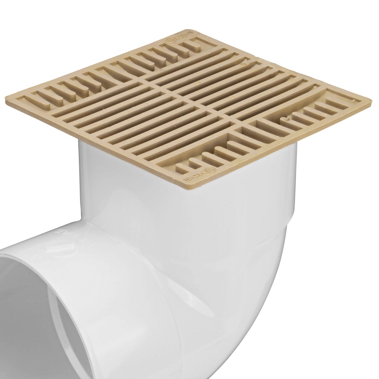 NDS 8 in. Square Grate in sand color (NDS 883S) installed on 6 in. Sewer and Drain Fitting, or Elbow (NDS 6P02)