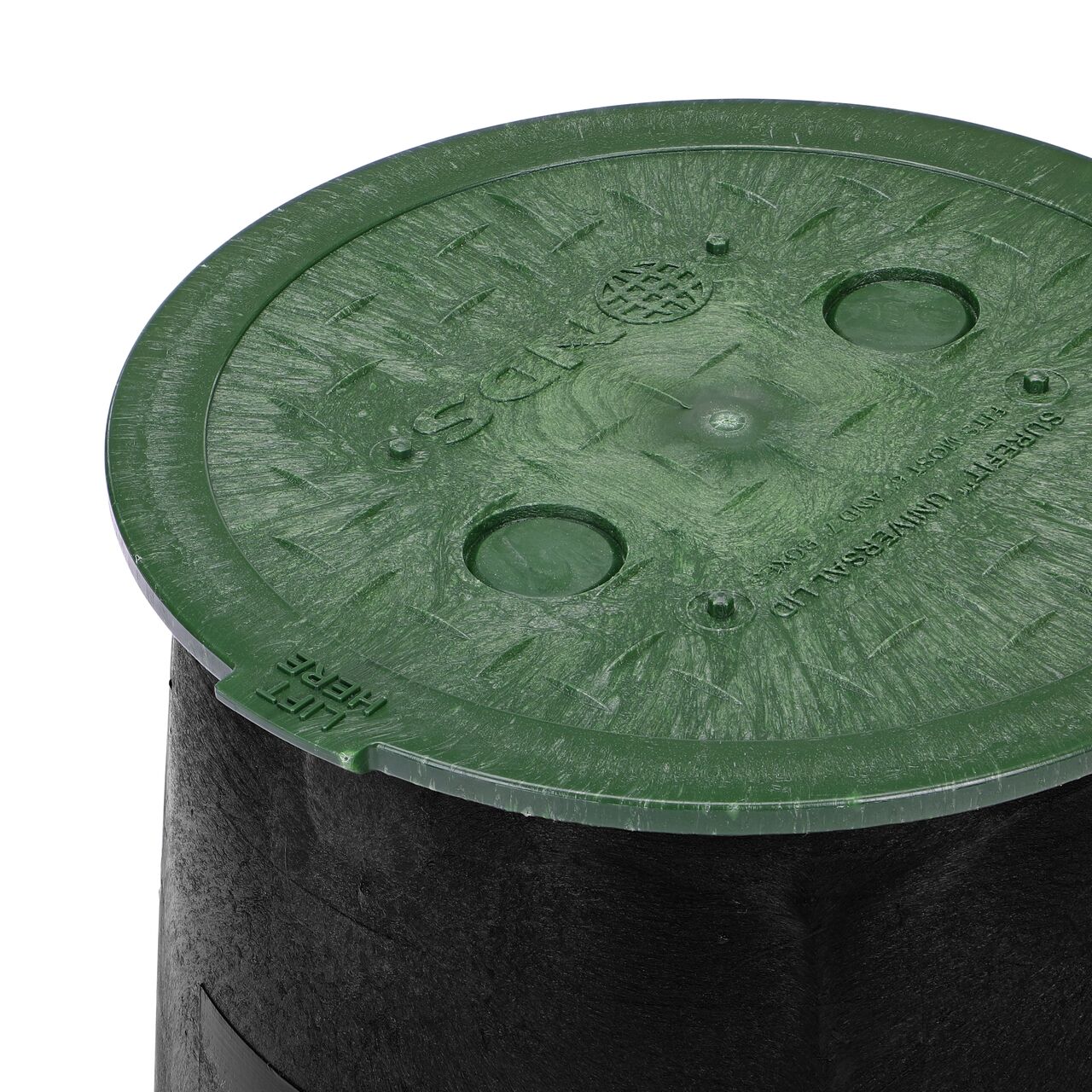 Closeup View of the 6 in. Round SureFit Universal Valve Box Lid (NDS 6RND-UC) installed on the NDS Standard Series Black Valve Box (107B) with the lift tab in front to show how to easily lift the lid off the box