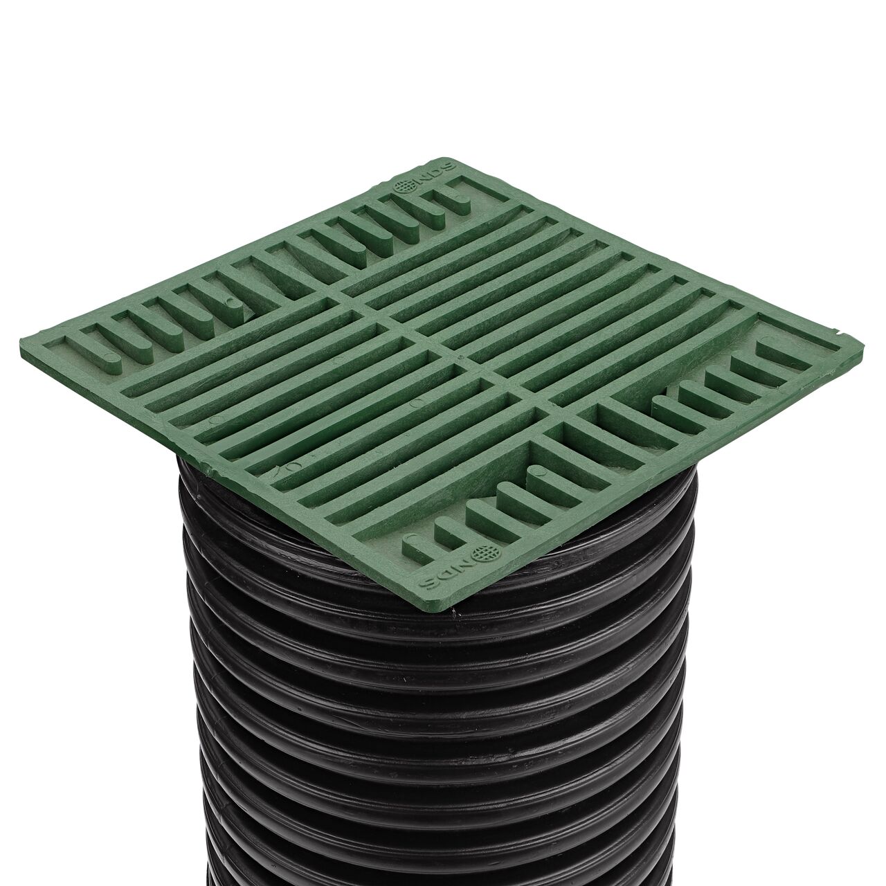 NDS 8 in. Green Square Grate installed on 6 in. Single-Wall Corrugated Pipe (NDS 882)