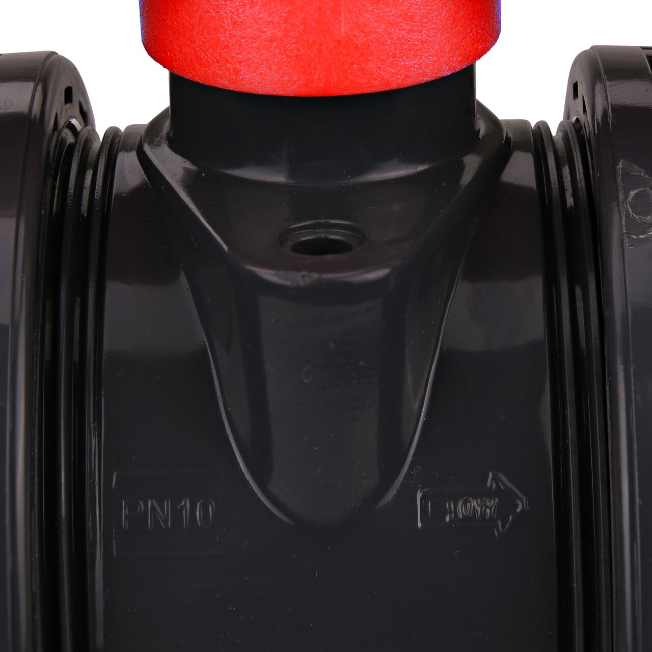 The 2 in. PVC Slip & Threaded True Union Ball Valve (NDS BTU-2000-E) includes directional markings to show which way the one-way valve conveys water through the pipes
