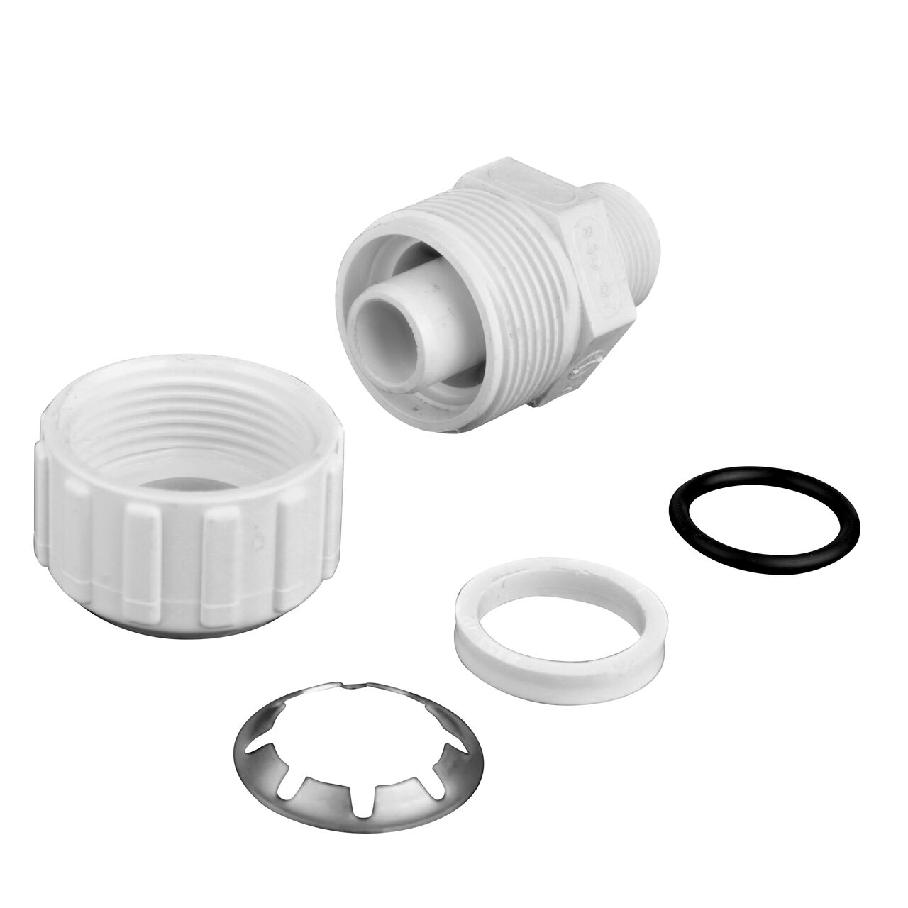 The NDS 3/4 in. SIDR-7 MPT X PE TS Flo-Lock™ Gripper Adapter fully unassembled showing the steel gripper, EPDM O-Ring and stiffner (NDS 810-10)