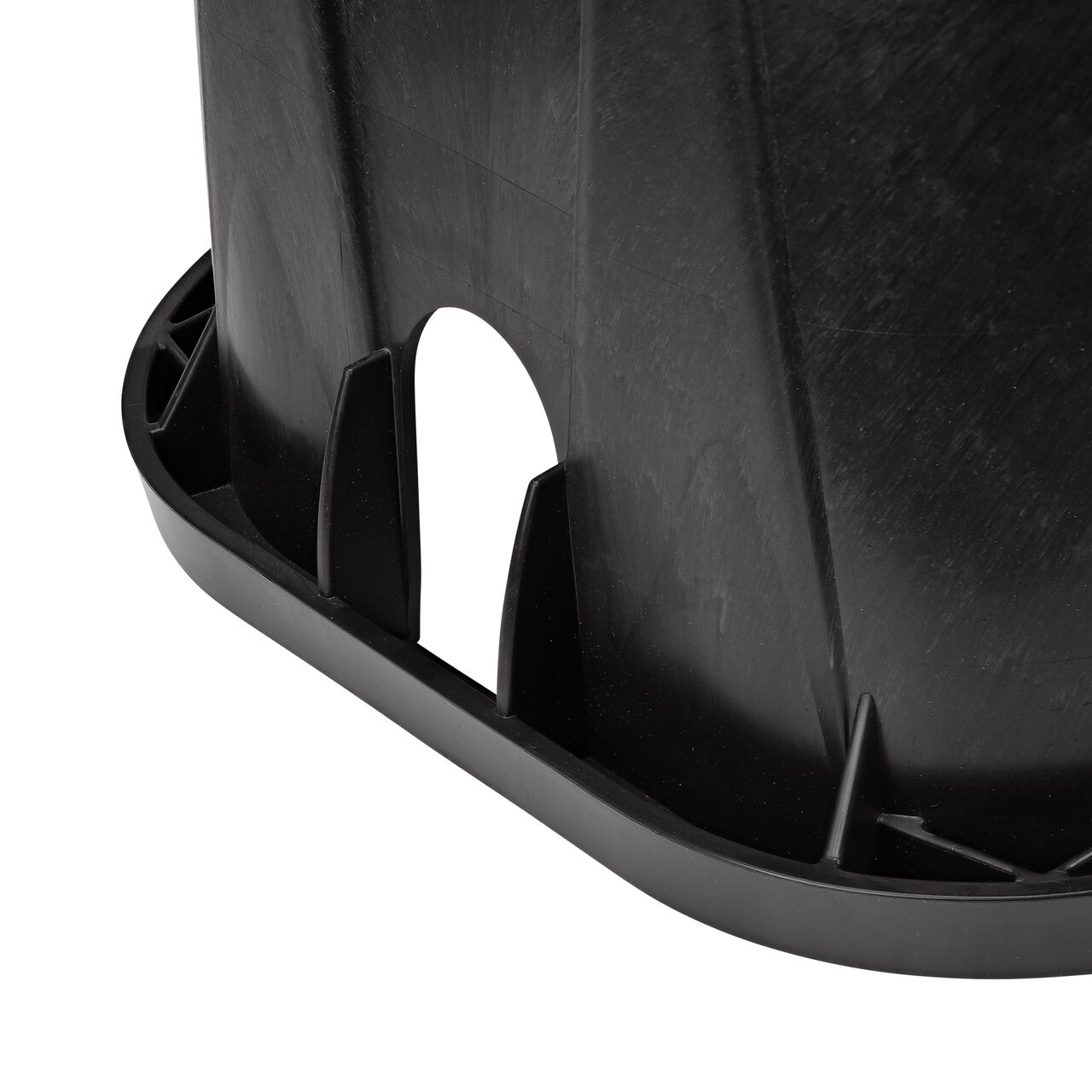 Closeup view of the pipe hole on the Black NDS 14 in. X 19 in. Rectangular Pro-Spec® Series Valve Box (NDS 313BCB) for water and irrigation pipe connections