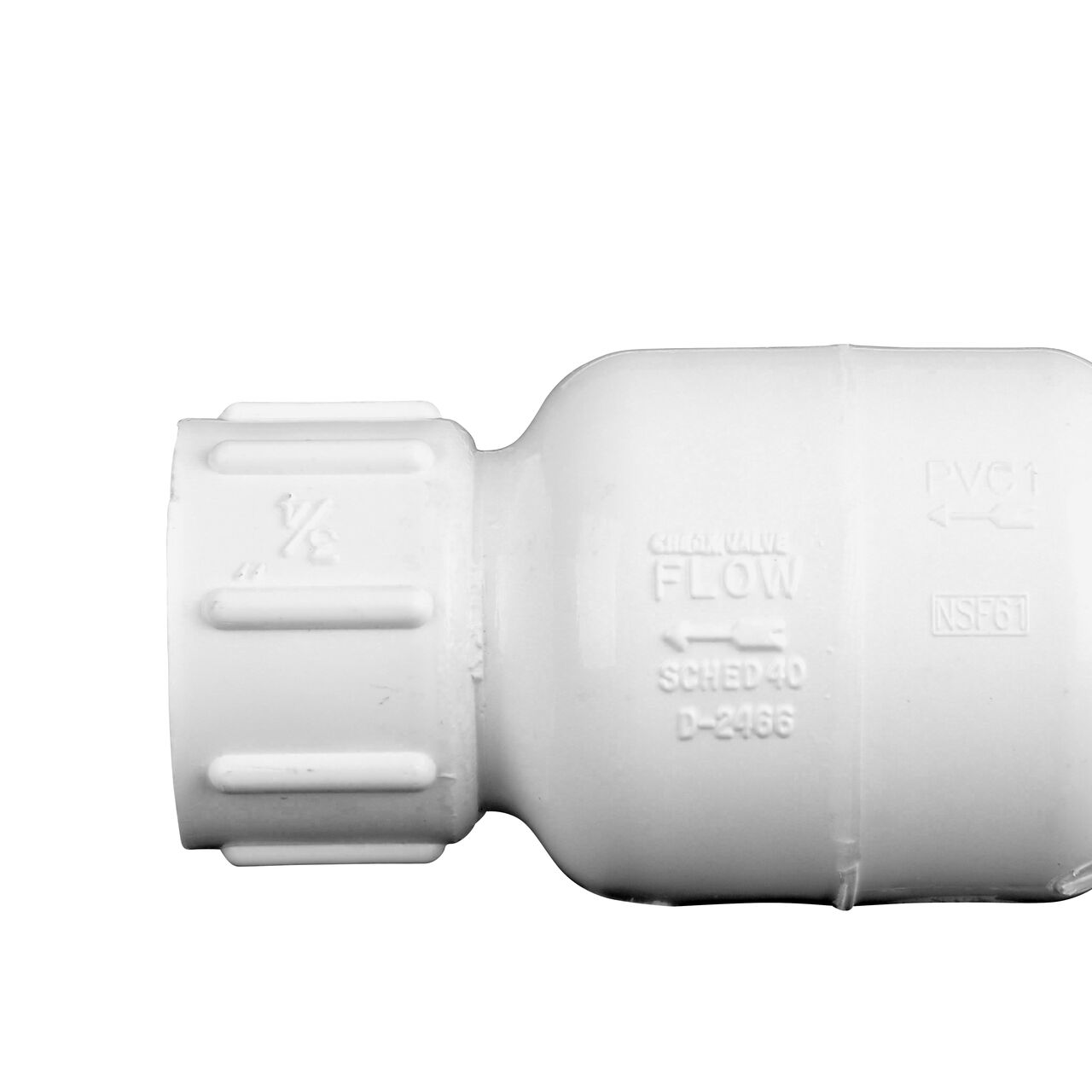 Closeup of the arrow showing water flow on the NDS White 3/4 in. IPS FPT X FPT PVC Adjustable Spring Check Valve (NDS 1205-07, NDS 1205-07-20)