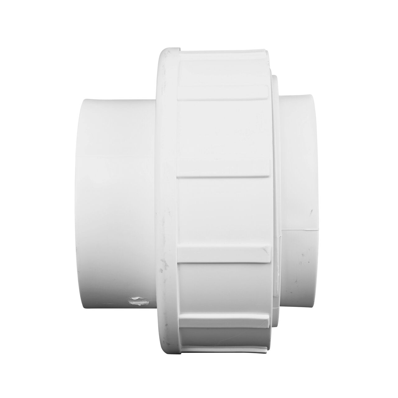 Side view of PVC Union, 3 in. Sch. 40 S X S showing two slip ends that slide onto Sch. 40 pipe ends (NDS WU-3000-S)
