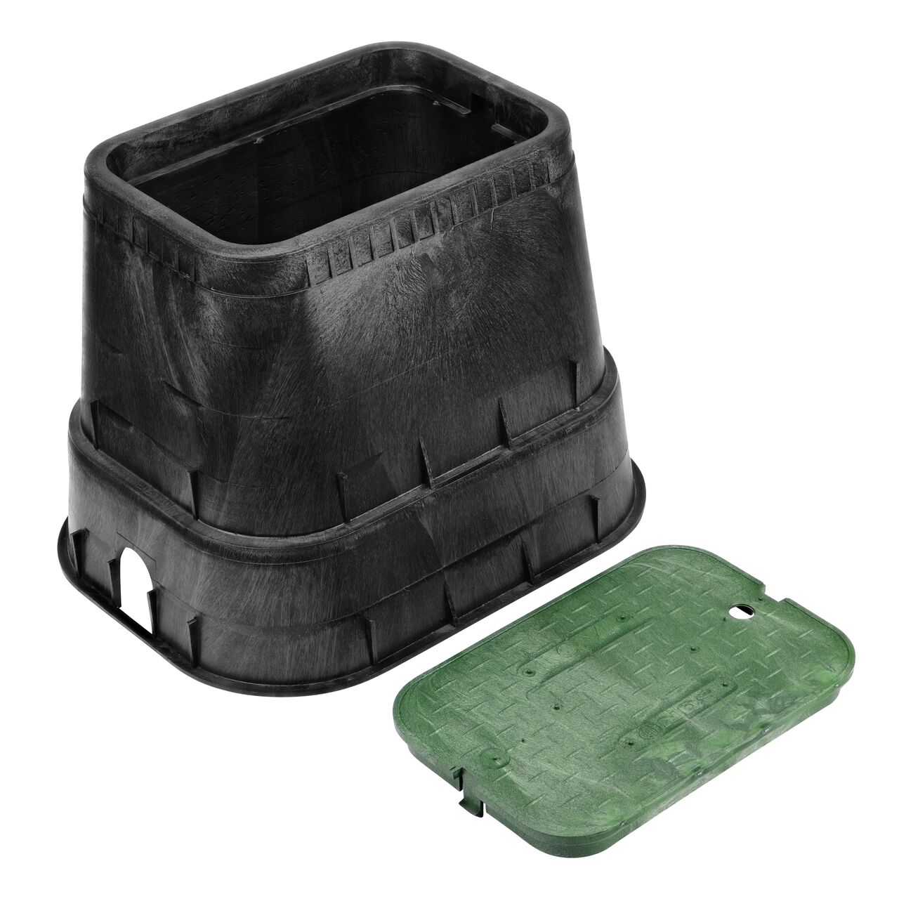 Unassembled View of the NDS 14 in. X 19 in. Black Rectangular Standard Series meter box and Green Irrigation Control Valve Overlapping cover (NDS D1800-OLSG)
