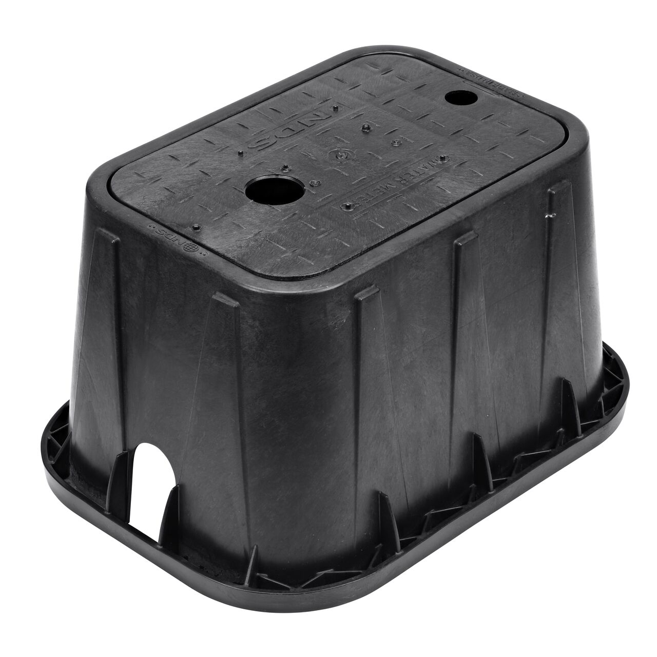 Top down view of the top side of the Black Water Meter cover for the NDS 14 in. X 19 in. Rectangular Standard Series Meter Box (NDS D1200-DITR) showing the Black Water Meter markings and Touch reader hole