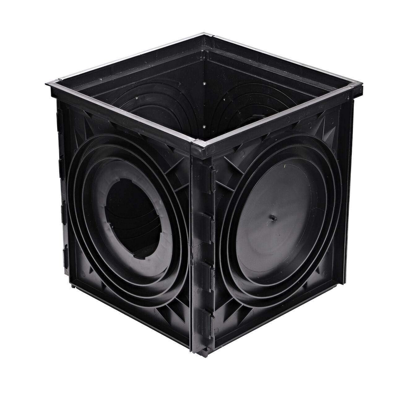 Black plastic 18 in. Expandable Catch Basin Drain with 2 Openings (NDS 1800) drains water away through attached pipes