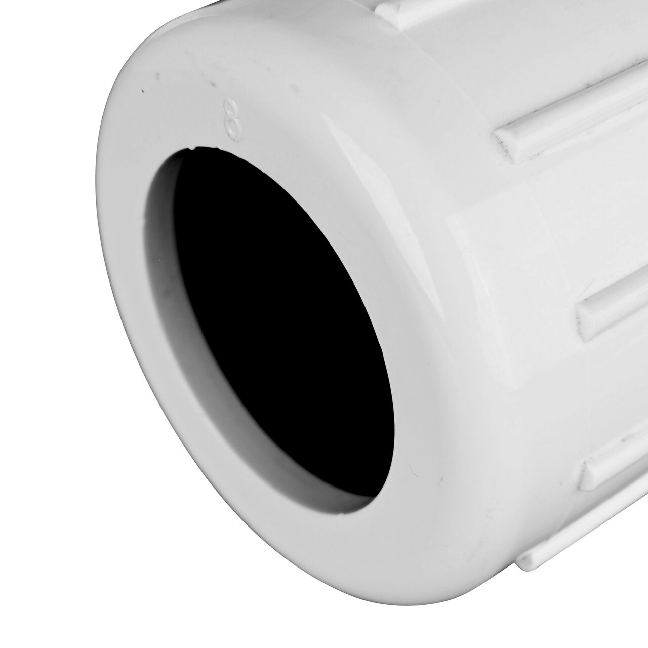 Closeup view of the NDS IPS PVC Male Adapters showing the 1 in. compression end with adjustable nut secured which reduces pull-out from pipe (NDS CPA-1000)