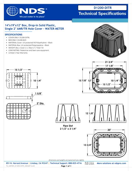 NDS 14 in. X 19 in. Rectangular Meter Box and Drop-in AMR Cover, 12 in. Height, Black Box, Black Water Meter Cover with 2 n. Touch Reader Hole Tech Spec