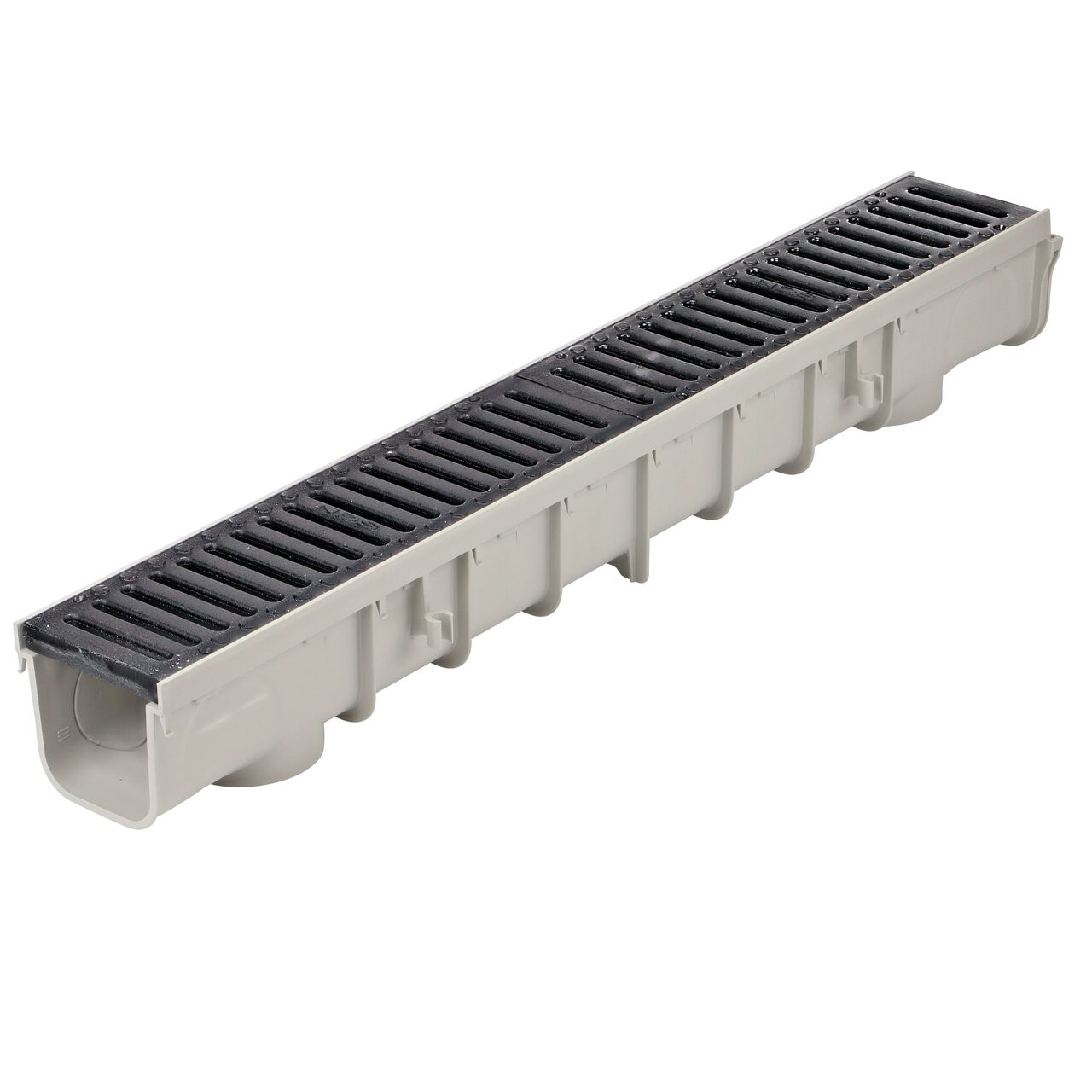 Two NDS Ductile Iron 5 in. Pro Series Channel™ Drain Grates (NDS 823) installed on the 5 in. Pro Series Channel Drain (NDS 800)