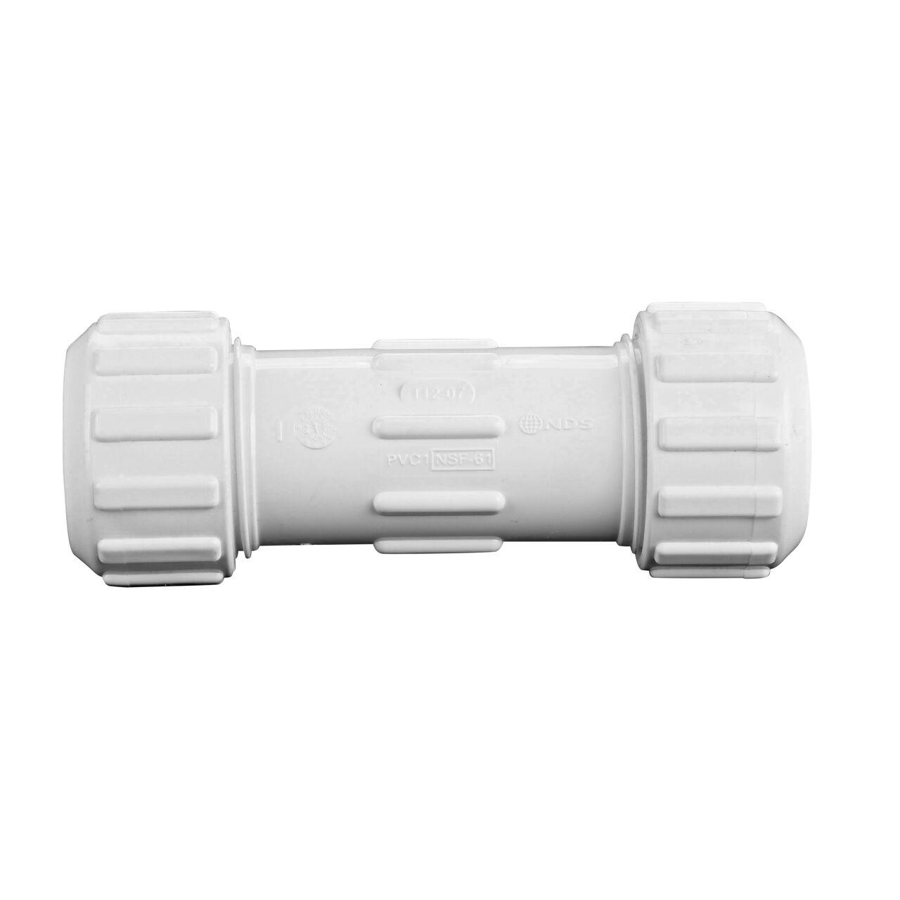 Side view of the NDS 3/4 in. Flo Lock PVC Gripper Coupling (NDS 112-07) which transports water through pipes.