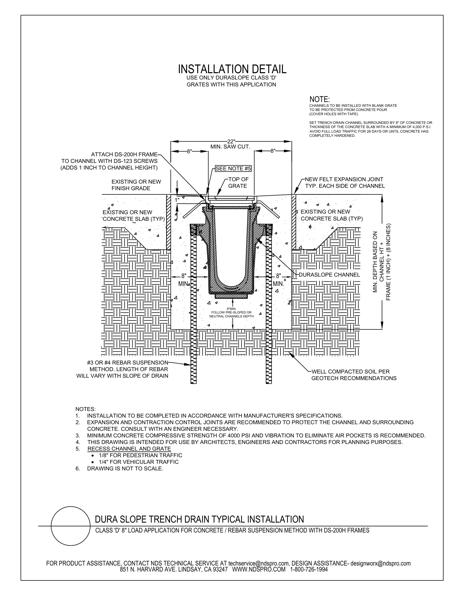 NDS Dura Slope® Channel Drains Rebar Suspension Method Concrete with DS-200H Frame Load D Installation Detail