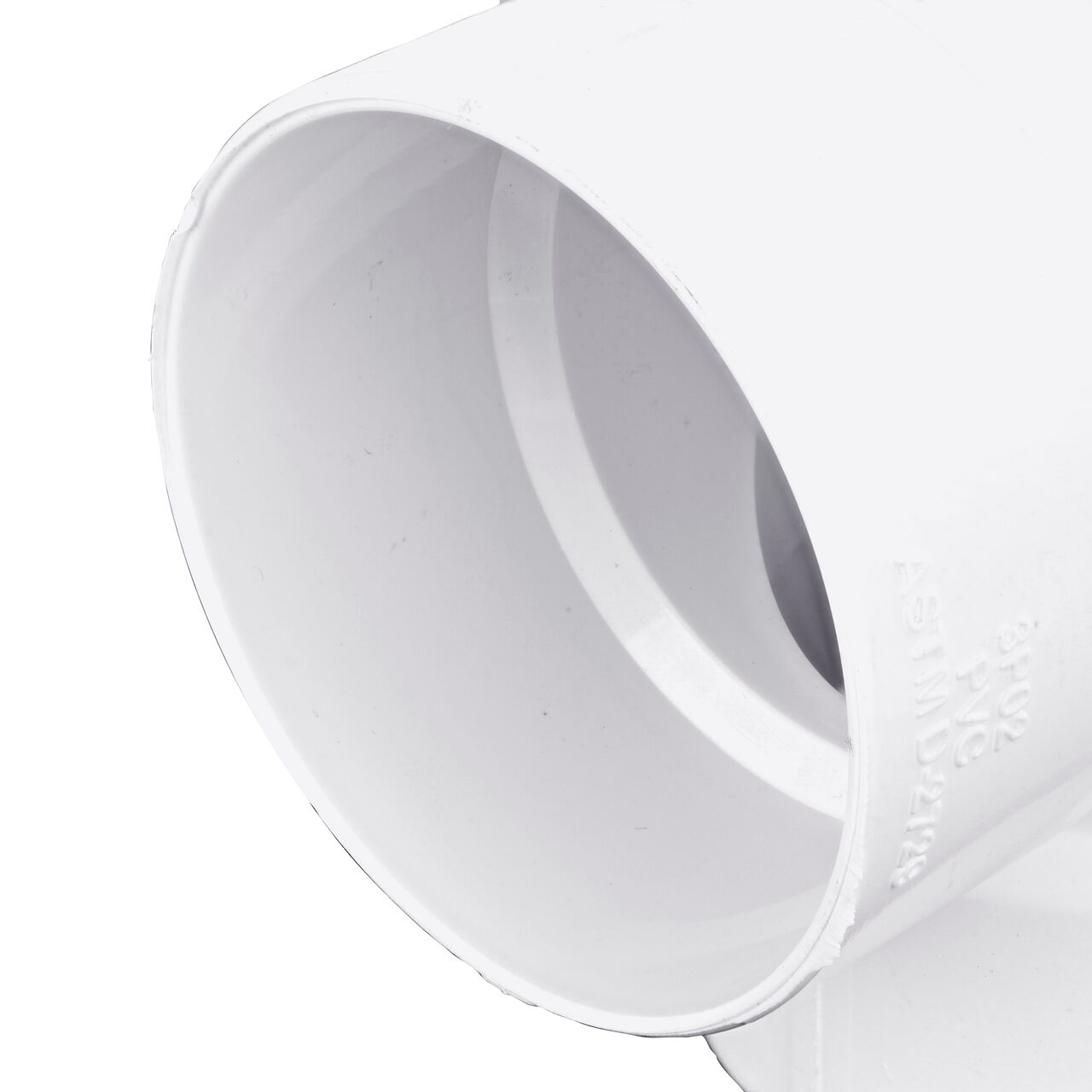 Closeup of the edge and interior lip of the NDS 3 in. PVC Sewer and Drain 90° Elbow (NDS 3P02*, NDS 3P02)