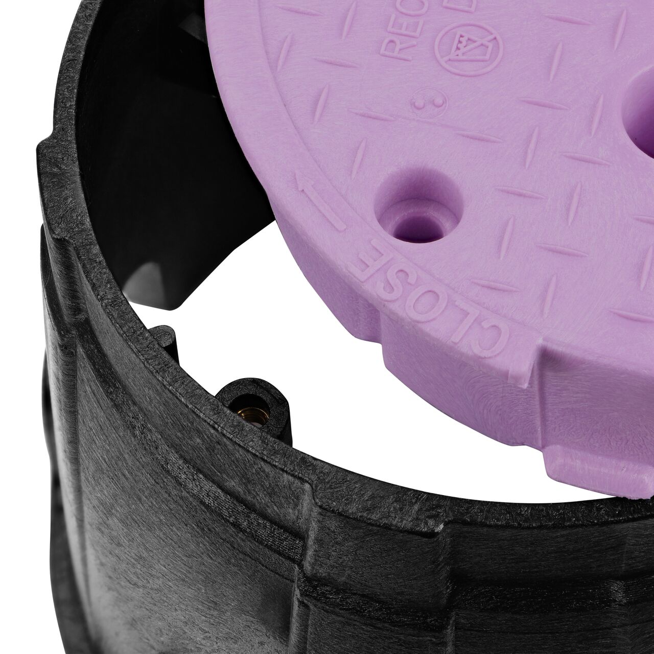 Align the bolt hole on the lid with the bolt hole from the NDS 10 in. Round Pro-Spec® Series Black Box and Purple Reclaimed Water Cover (NDS 311BCR) for a secure fit