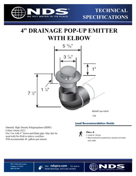 NDS Pop-Up Drainage Emitter with Elbow Spring Loaded Tech Spec