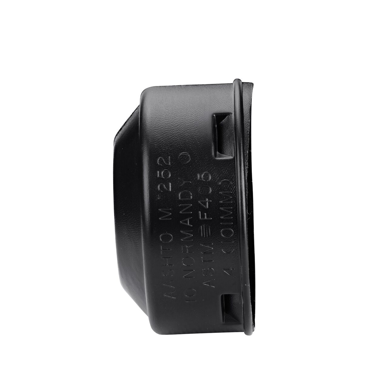 Side view with opening facing left of the 4 in. High-Density Polyethylene Corrugated End Cap (NDS 4C06)
