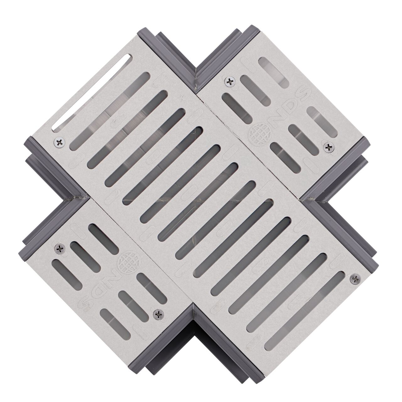 Top Down fully assembled Spee-D® Channel Drain Cross and Grate (NDS 2361) with couplers and channel drains attached to all ends