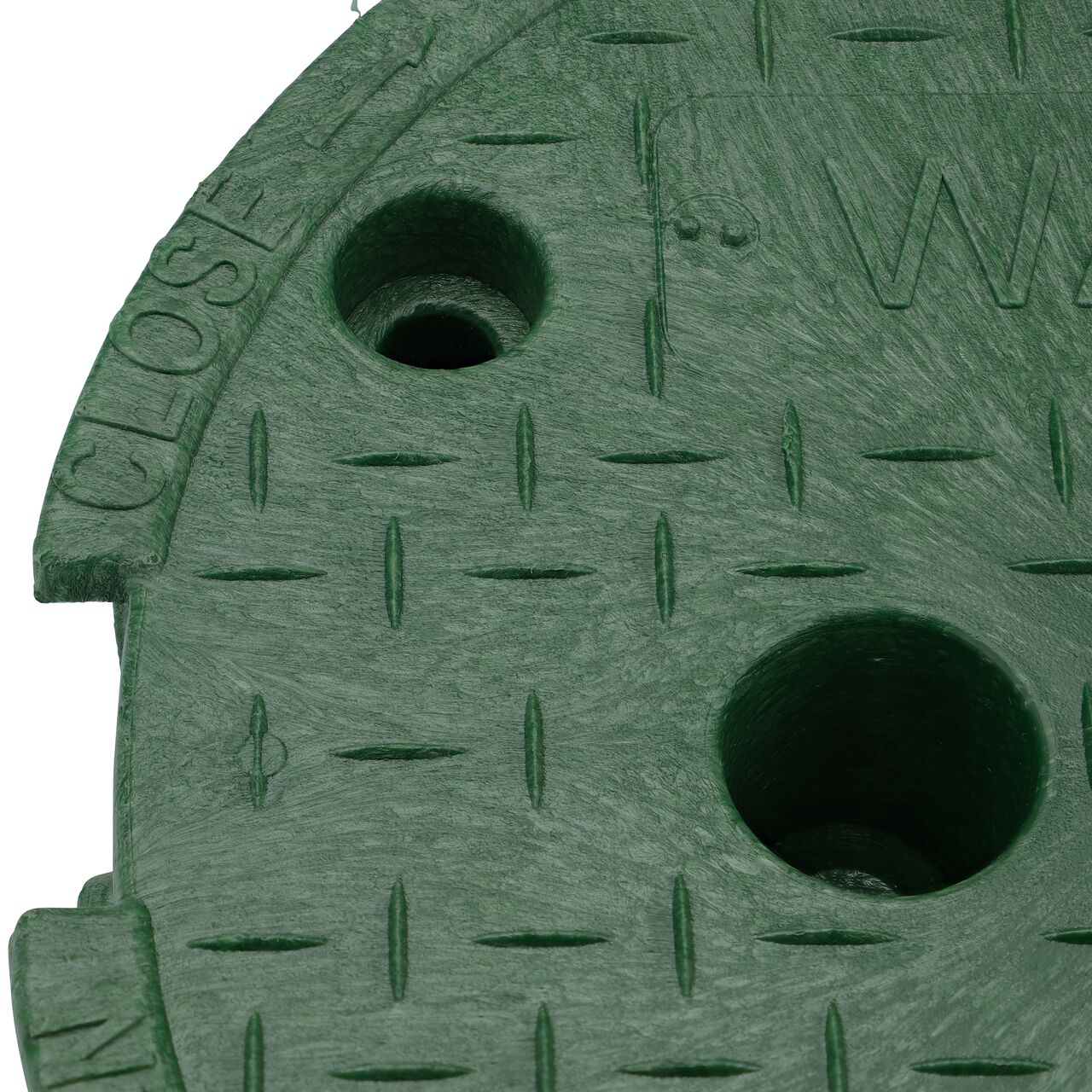 Closeup view of the locking mechanism and bolt hole on the Green Water cover (NDS 311CW) for the NDS 10 in. Round Pro-Spec® Series Valve Box