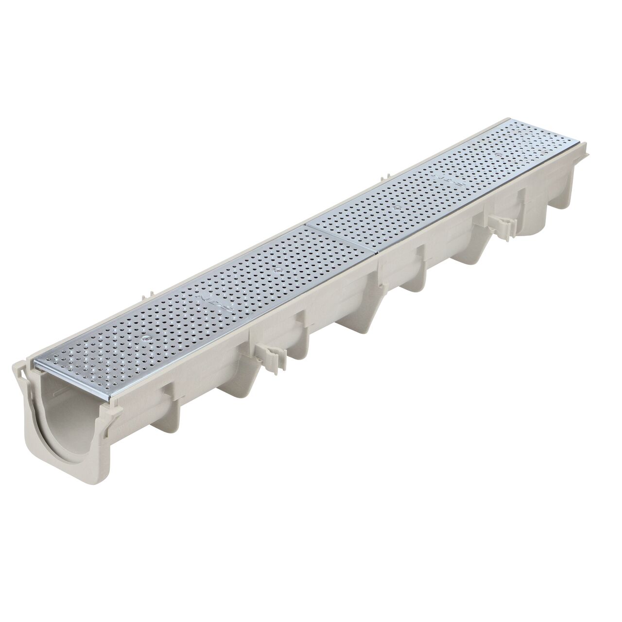 Two Galvanized Steel Perforated Dura Slope™ Channel Drain Grate (NDS DS-228) fits on one Dura Slope Channel Drain (NDS DS-091)