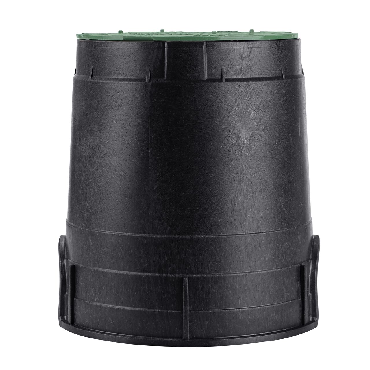 Side view of the non-pipe hole side of the NDS 6 in. Round Standard Series Valve Box & Irrigation Control Valve Cover (NDS 2107BC) which is engineered for superior strength with structural reinforcing ribs