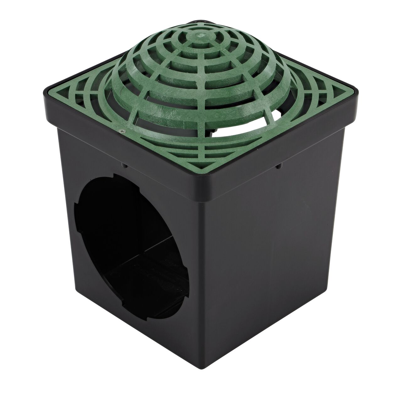 Green Plastic Atrium 9 in. Square Catch Basin Drain Grate (NDS 991) installed on a black plastic 9 in. Catch Basin Drain with 2 Openings (NDS 900*); retail