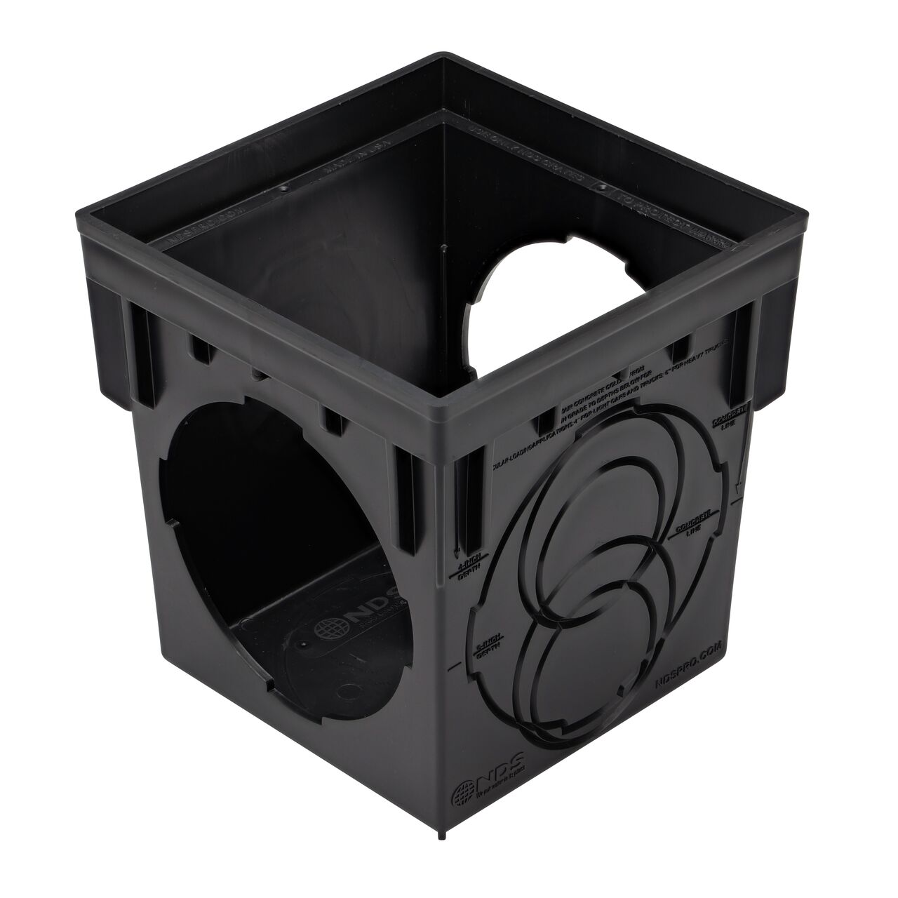 Hero shot of the 9 in. Square Catch Basin Drain with 2 Openings (NDS 900) which drains water from your yard