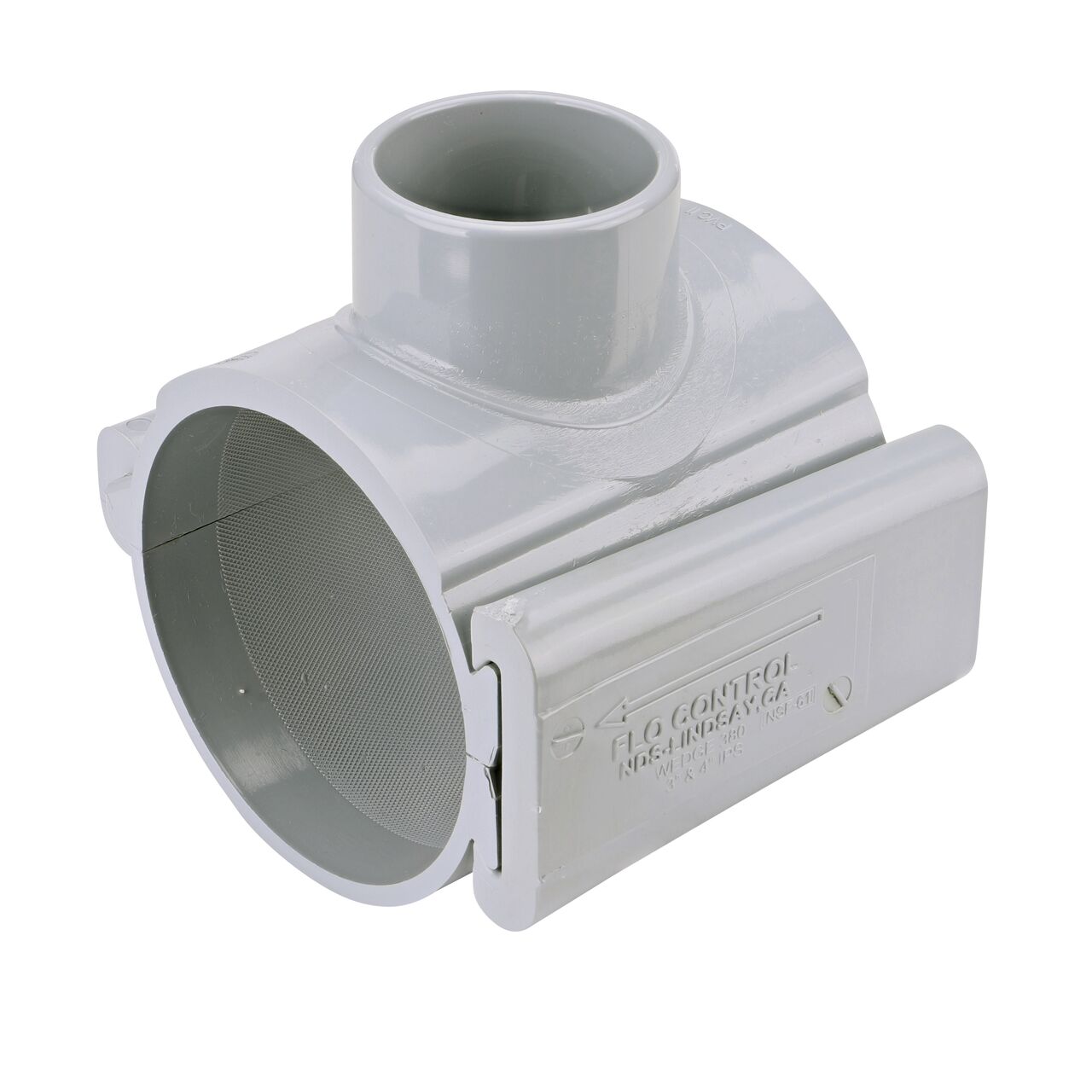 The NDS Clamp-It™ Rigid PVC Saddle with 2 in. slip connection on top (NDS 454020) for 4 in. PVC pipe has a patented wedge design to install a sprinkler irrigation system to existing pipe without any bolts