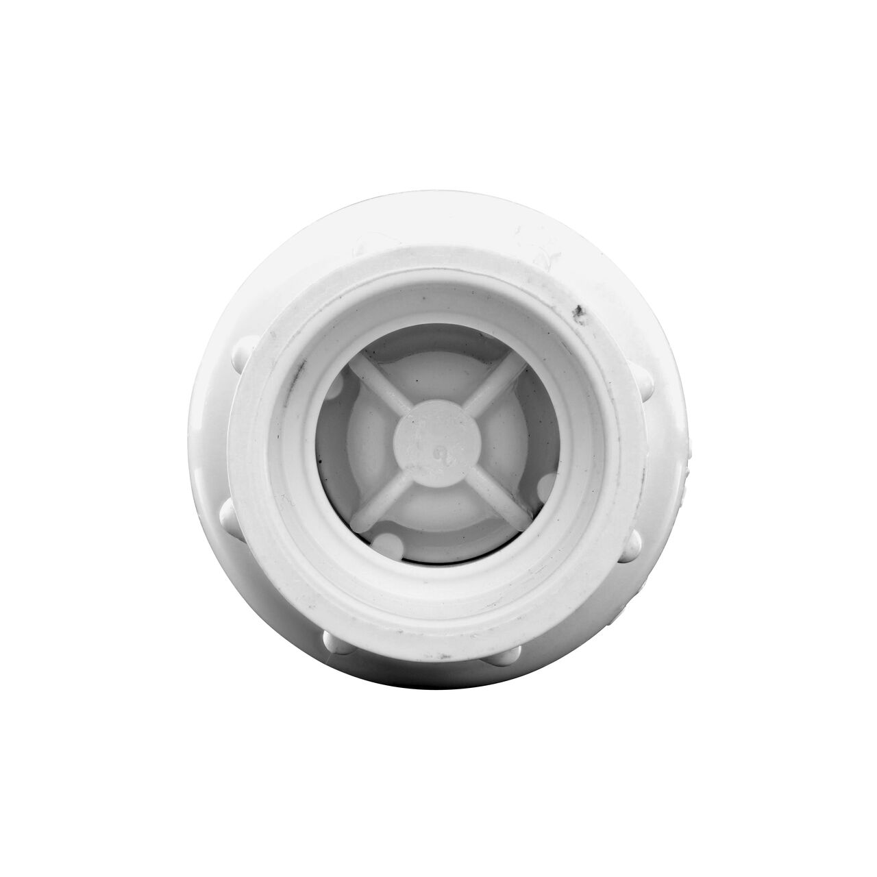 Down the Mouth view of the NDS White 3/4 in. PVC Spring Check Valve (NDS 1011-07, NDS 1012-07) showing the flapper