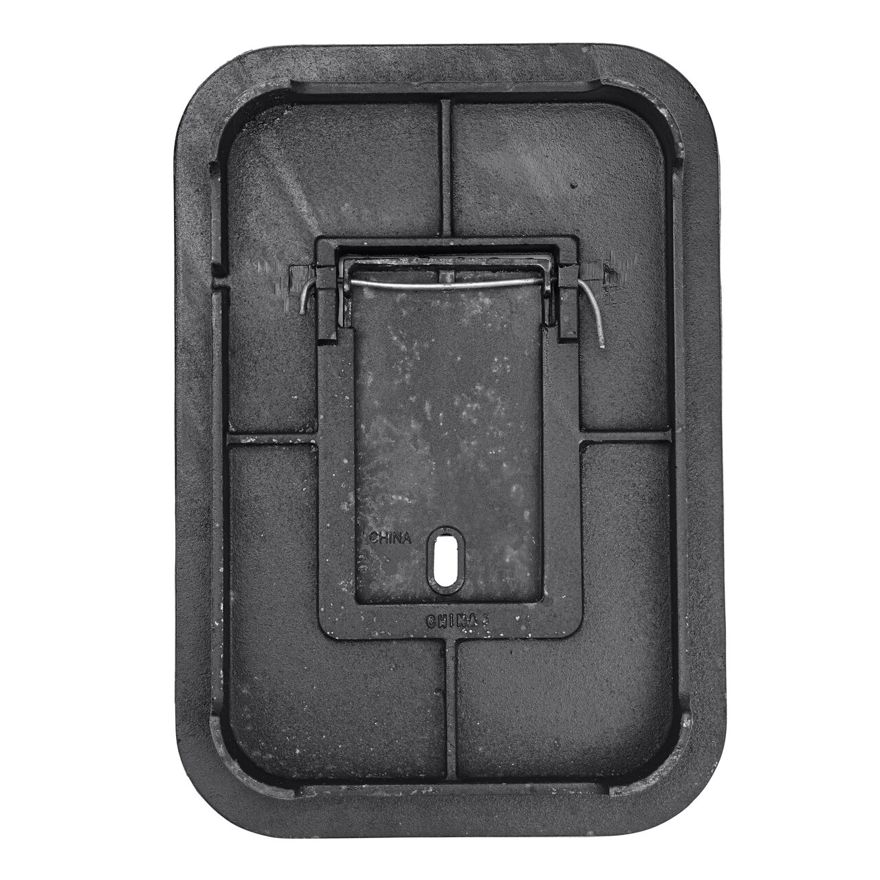 Top down view of the underside side of the Cast Iron Water Meter cover (NDS D1200-CICIR) for the NDS 14 in. X 19 in. Rectangular Standard Series Meter box, showing reinforcing ribs that are load rated to withstand pedestrian traffic and and the hinged reader door for easy access