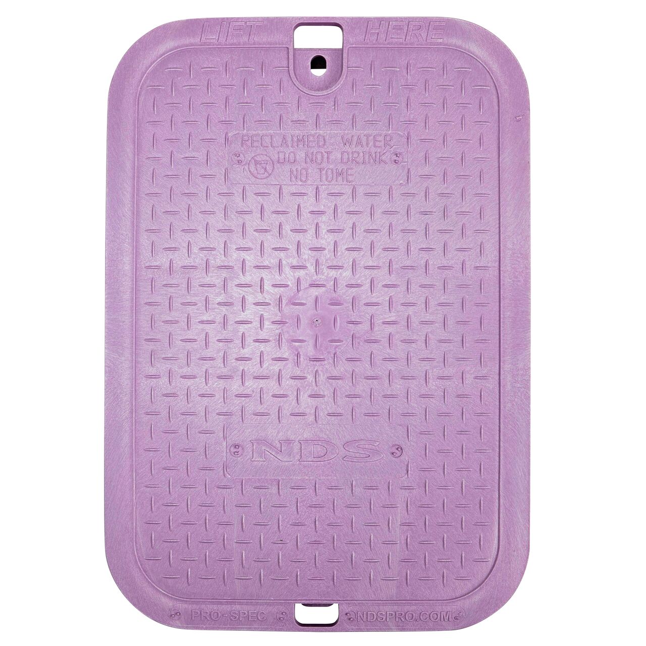 The top of Purple 14 in. X 19 in. Rectangular Reclaimed Water Cover with bolt hole to secure lid in place (NDS 314PBCR)