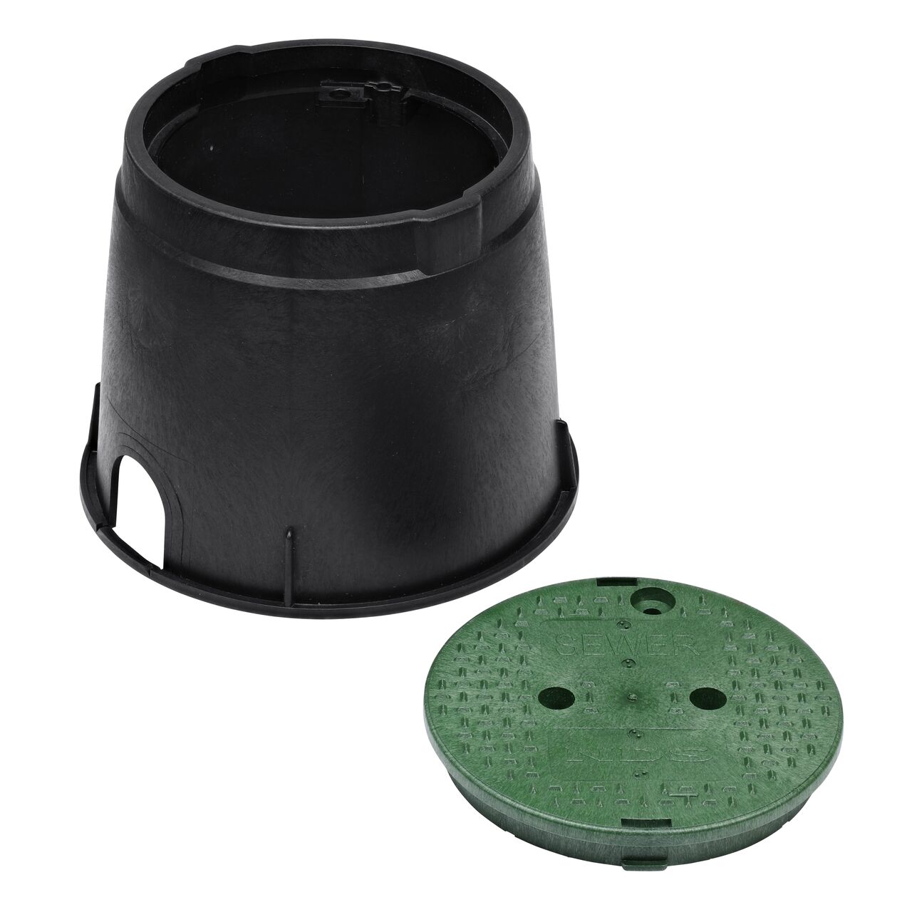Unassembled View of the NDS 10 in. Round Standard Series Black Box and Green Sewer Cover (NDS 111BCS) showing the overlapping cover with a bayonet twist-lock lid featuring two finger slots, making it easy to remove or secure onto the box