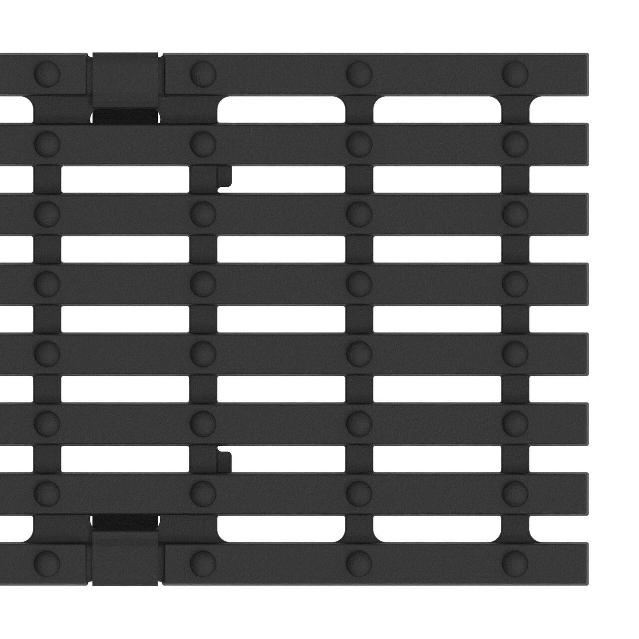 Closeup view of the end of the class C bar design ductile iron BG-FILCOTEN® 100 Trench Drain Grate (NDS 17010106) showing the edge and clips that secure to the channel trench drain