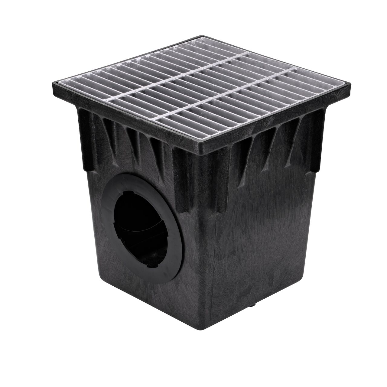 Alternate shot of 18 in. Square Catch Basin Drain Grate, Galvanized Steel (NDS 1815) sitting on a NDS 18 in. Square Catch Basin (NDS 1882)