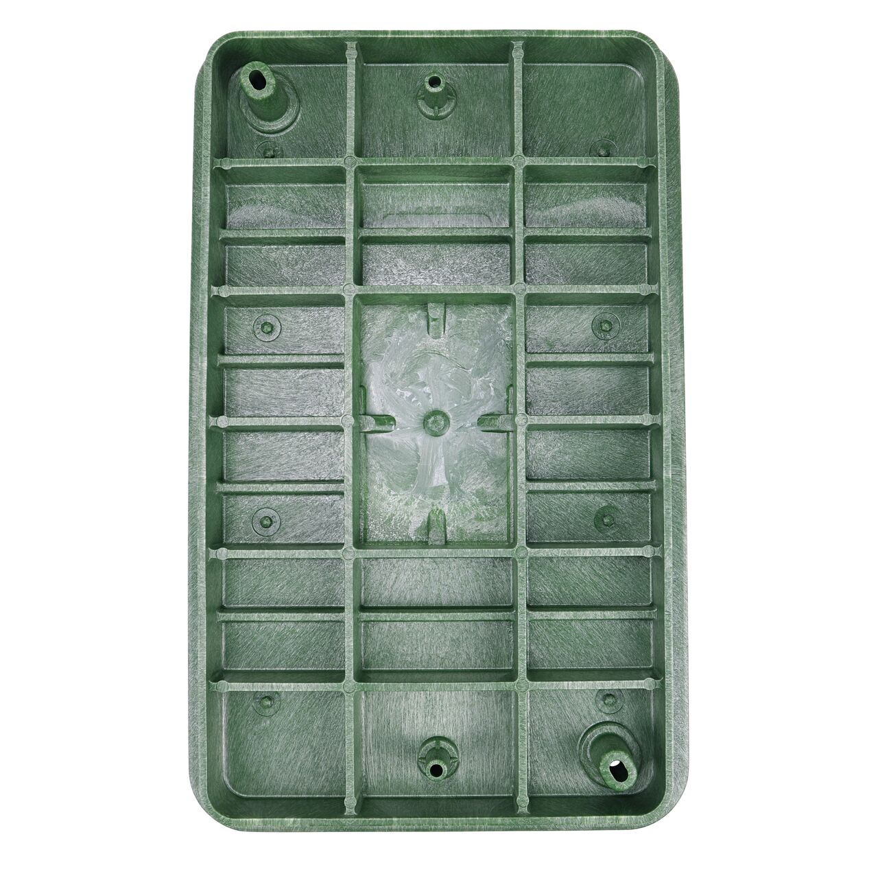 Top down view of the underside of the Green Irrigation Control Valve cover (NDS 322C) for the NDS 13 in. X 24 in. Rectangular Pro-Spec® Series valve box showing reinforcing ribs that help support pedestrian and lawn care equipment