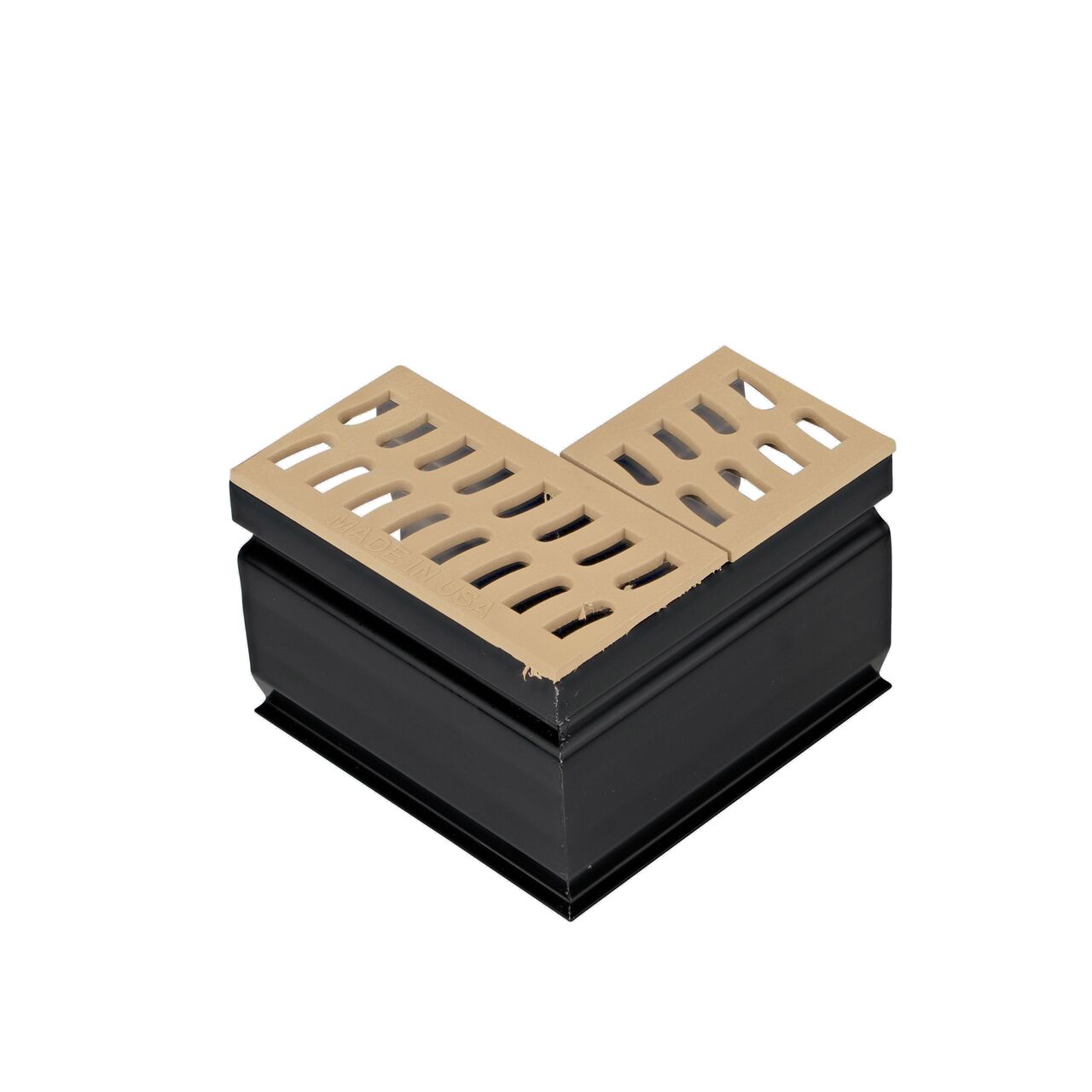Outside view of the White Slim Channel™ Drain 90° Elbow and Grate (NDS 9382)