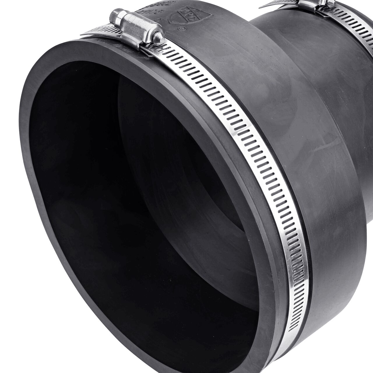 Closeup view of the large end on the NDS 6 in. X 4 in. flex coupling connects two cast iron/sewer and drain or DWV/copper/steel/lead pipes (NDS 56-64)