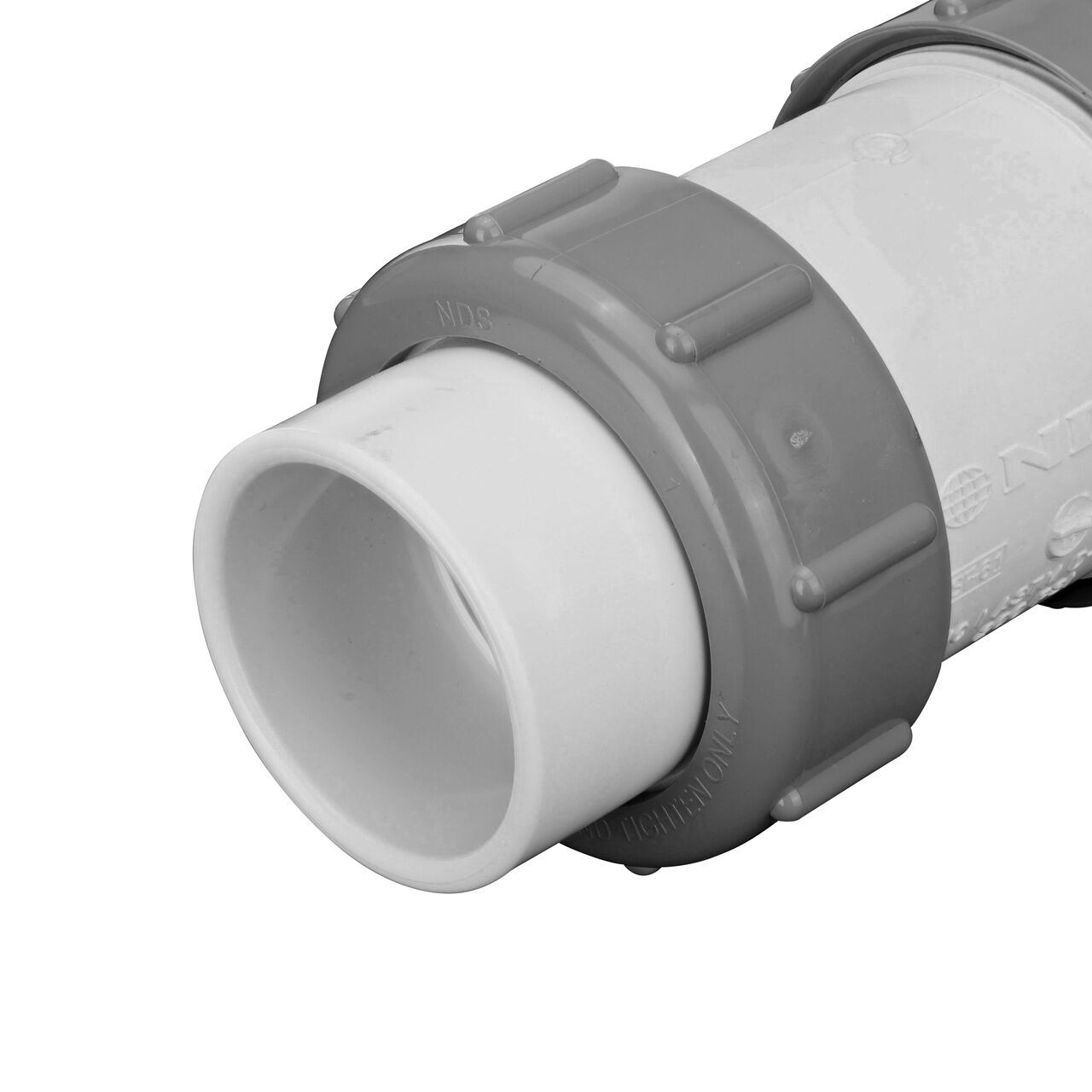 Closeup of one connection end of the NDS 1-1/2 in. IPS slip by slip PVC Compact True Union Spring Check Valve (NDS 1790-15)