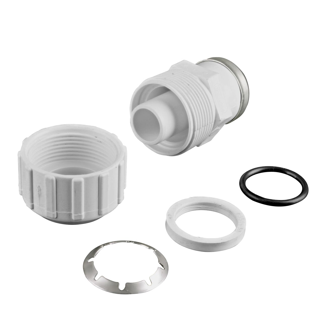 The NDS 1 in. SIDIR-7 FPT X 1 in. PE TS Flo-Lock™ Gripper Coupling for PE Pipe fully unassembled showing the steel gripper, EPDM O-Ring and stiffner (NDS 831-10)