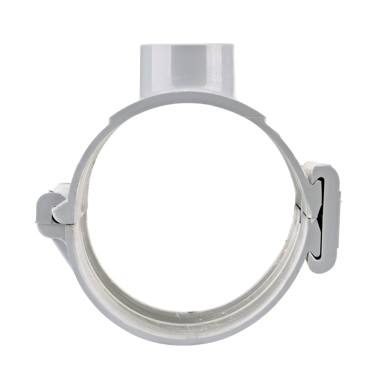 Front facing view of the NDS Clamp-It™ Rigid PVC Saddle with 2 in. slip connection on top (NDS 456020) for 6 in. PVC pipe showing both the wedge and hinge sides