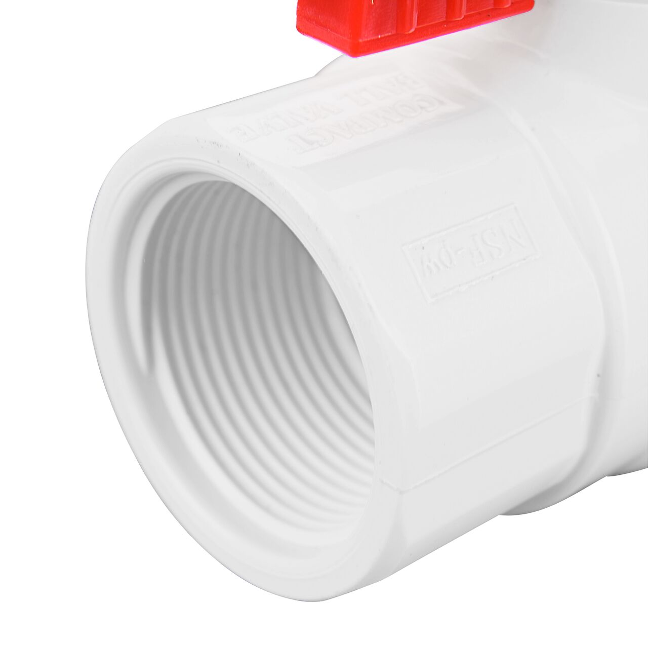 Closeup of the NDS IPS Ball Valve showing the stem that is made of durable PVC material (NDS E1420-12)