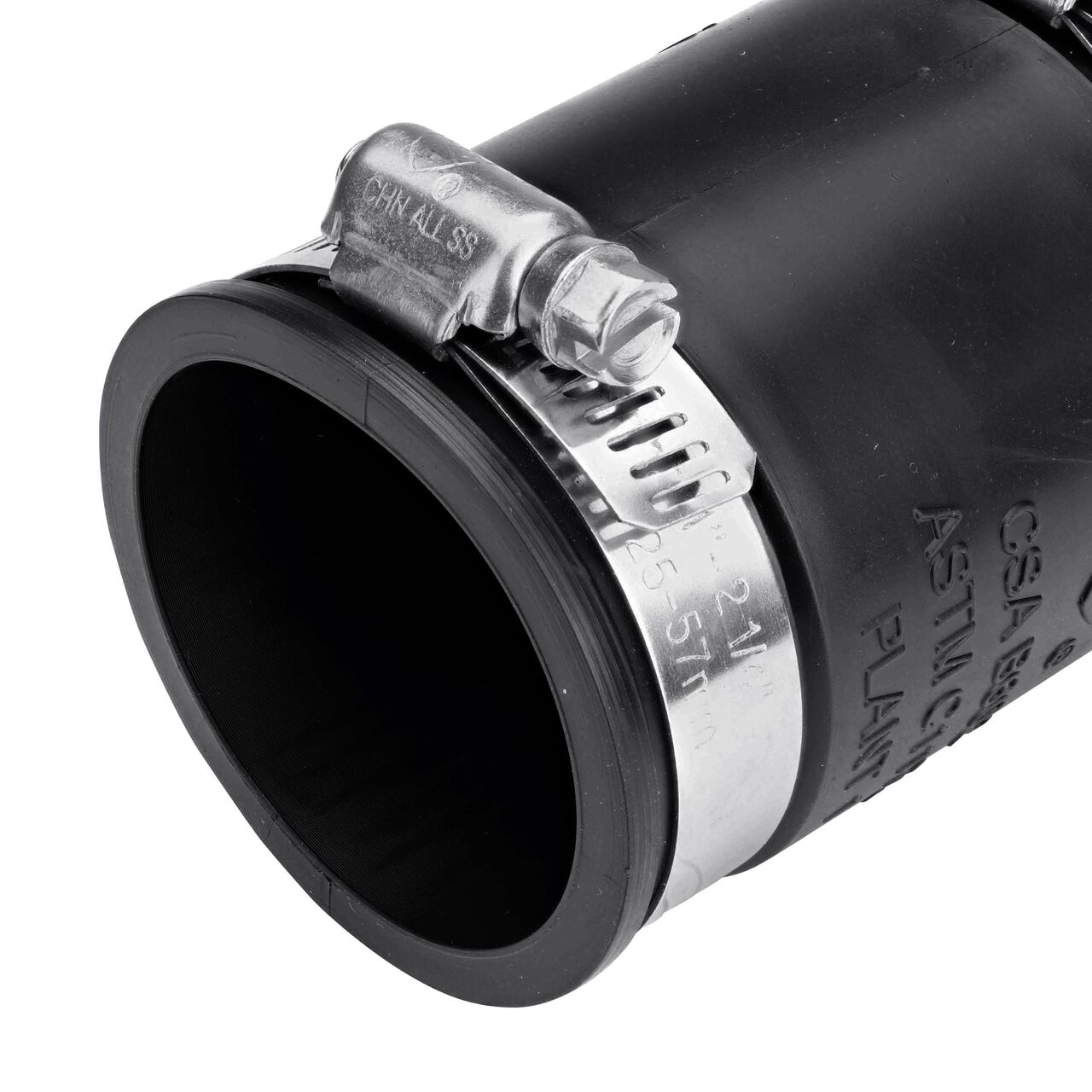 Closeup view of the small end on the NDS 1-1/2 in. flex coupling connects two cast iron/sewer and drain or DWV/copper/steel/lead pipes (NDS 56-150)