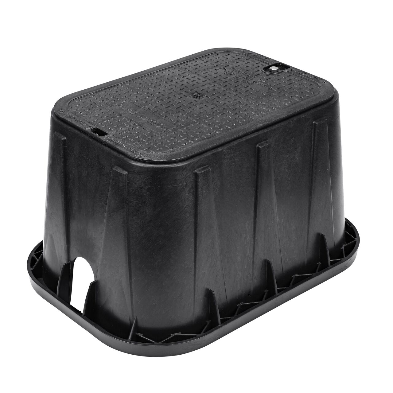 The NDS 14 in. X 19 in. Rectangular Pro-Spec® Series Valve Box and Cover with Bolt is a 12 in. high Black Box and Black Cover with Reclaimed Water markings on the lid (NDS 313BCBRBLK) and protects underground irrigation and sprinkler system components and keeps them out of sight