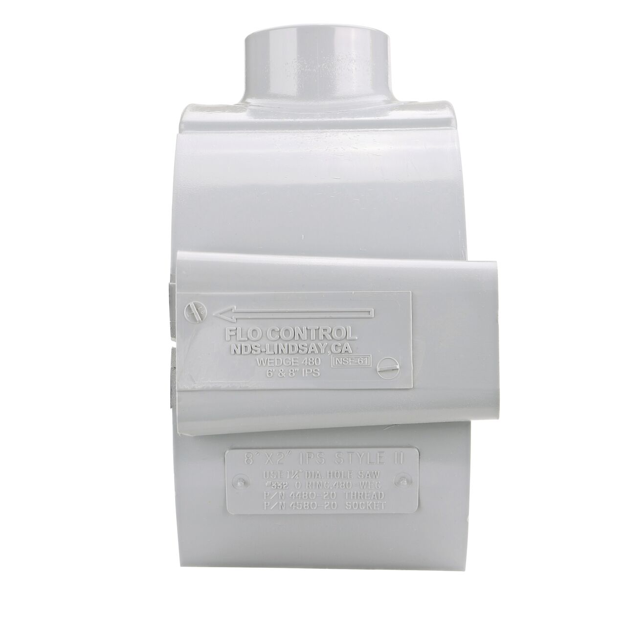 Side view showing patented wedge design in locked position on the NDS Clamp-It™ Rigid PVC Saddle with 2 in. slip connection on top (NDS 458020) for 8 in. PVC pipe