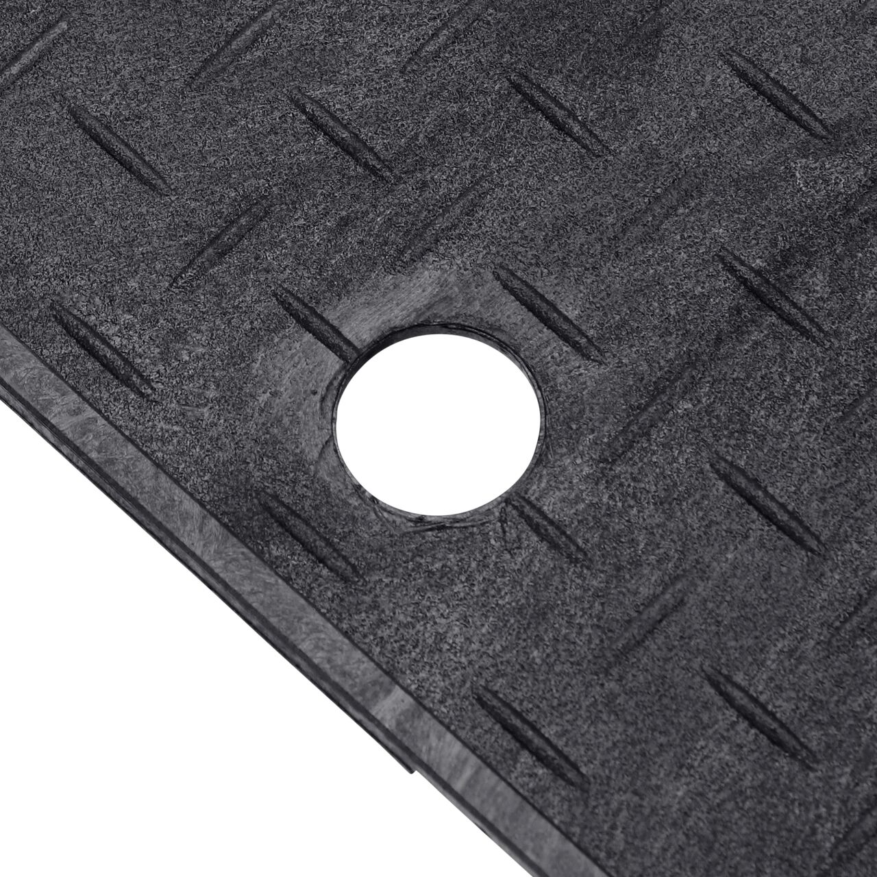 Closeup view of the finger hole on the NDS 13 in. X 20 in. Standard Series Water Meter cover (NDS D1500-OLSBL) for the NDS 13 in. X 20 in. Rectangular Standard Series Meter Box; place finger inside and lift lid out of the box