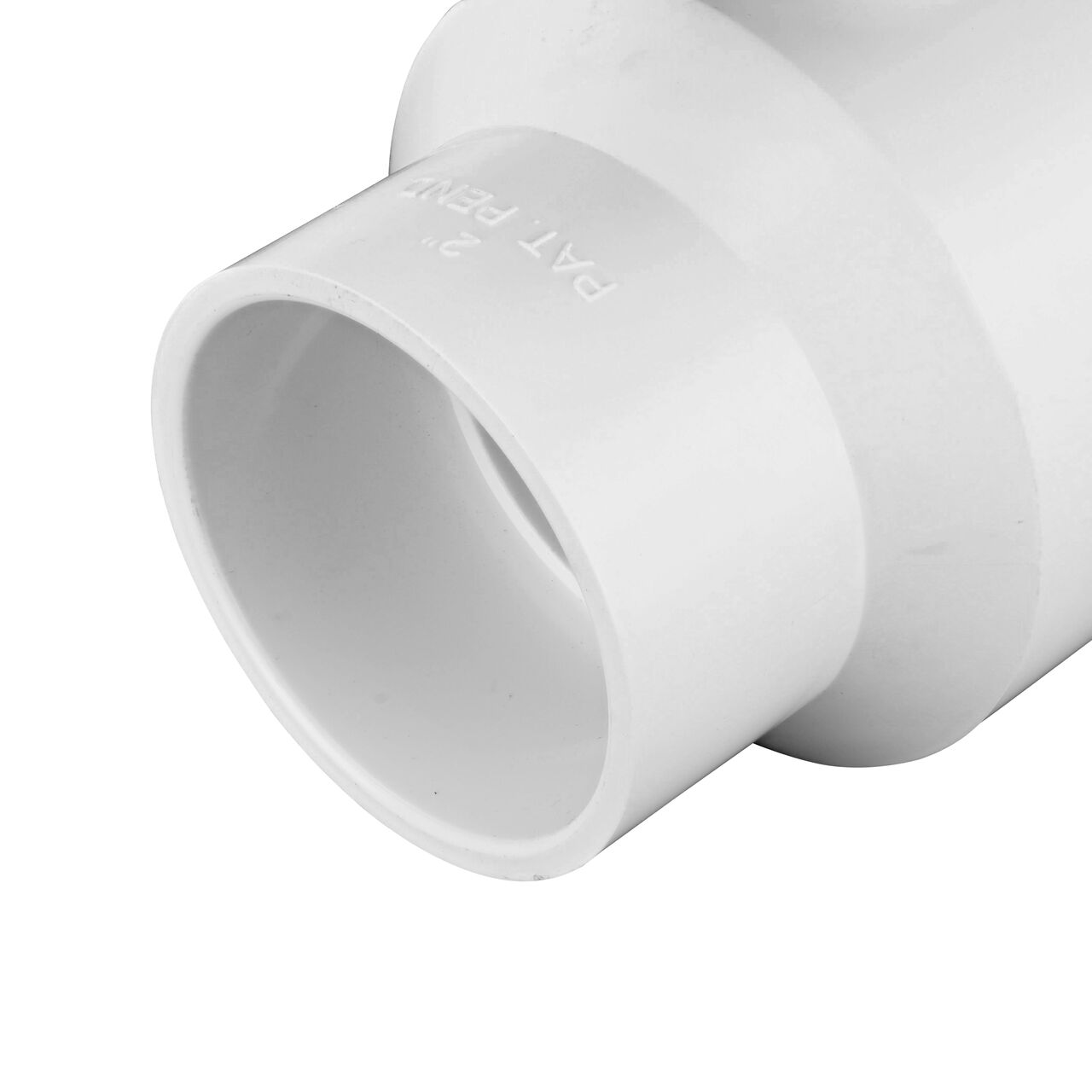 Closeup of the non-union outlet end of the NDS White 2 in. IPS U X S Checkmate PVC Swing Check and Ball Valve Combination (NDS 2200-20)