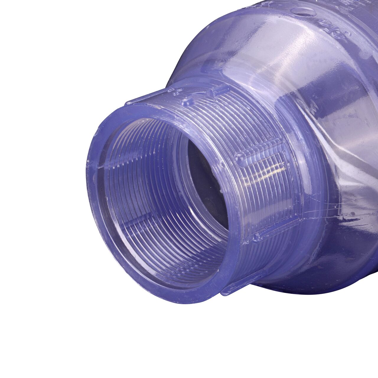 Closeup of the outlet end of the NDS Clear 2 in. female end by female end PVC Swing Check Valve (NDS 1520C20F) which prevents backflow in pipelines