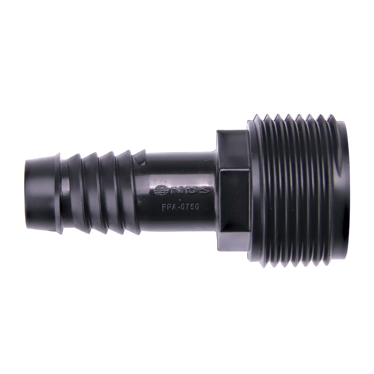 Side view of the NDS Swing Pipe Adapter includes a 3/4  in. Male NPT and the other is a spiral barbed adapter (NDS FPA-0750)