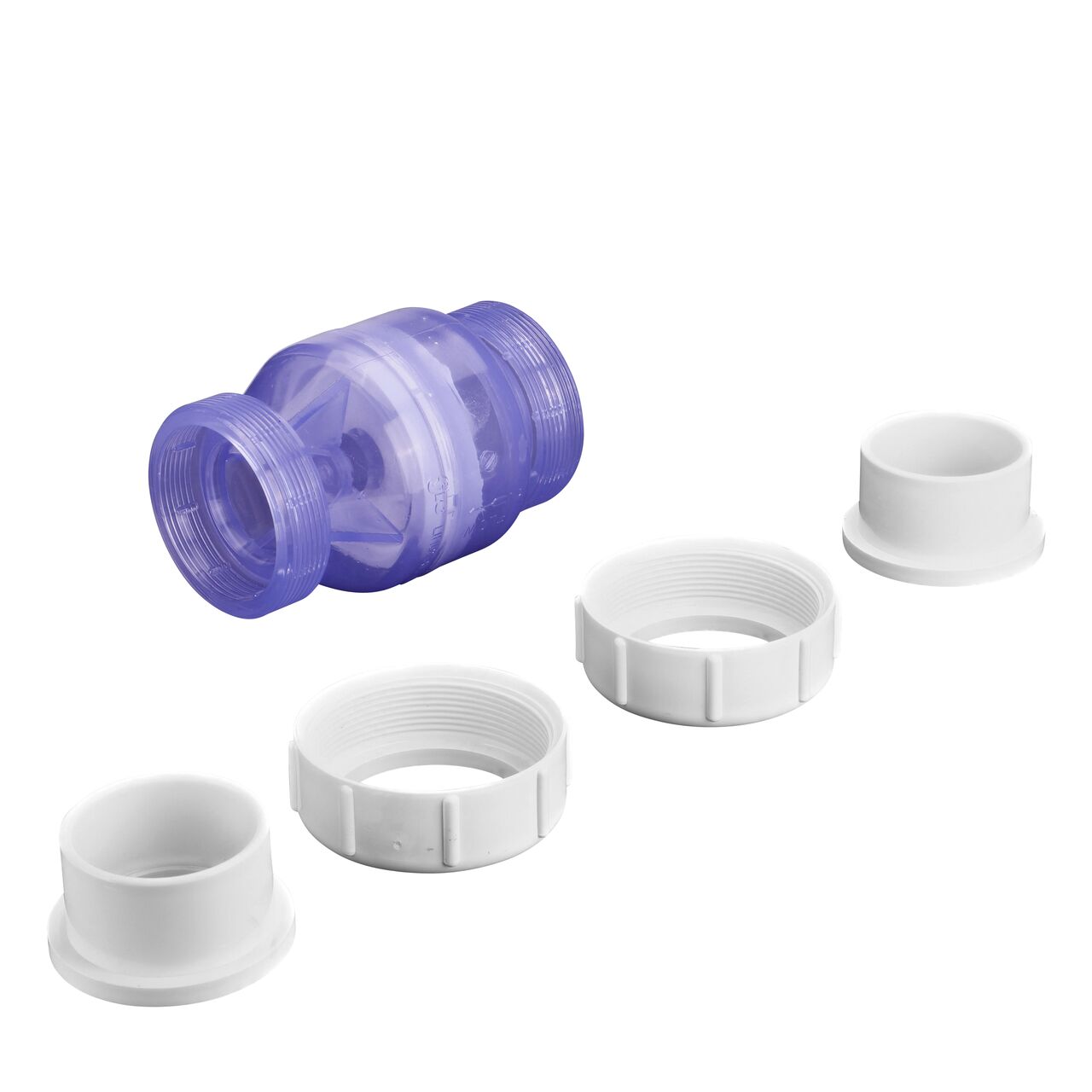 Unassembled view of the NDS Clear 2 in. slip end by slip end with 1/2 lb. spring PVC True Union Spring Check Valve (NDS 1700C20) where ends unscrew to remove for maintenance