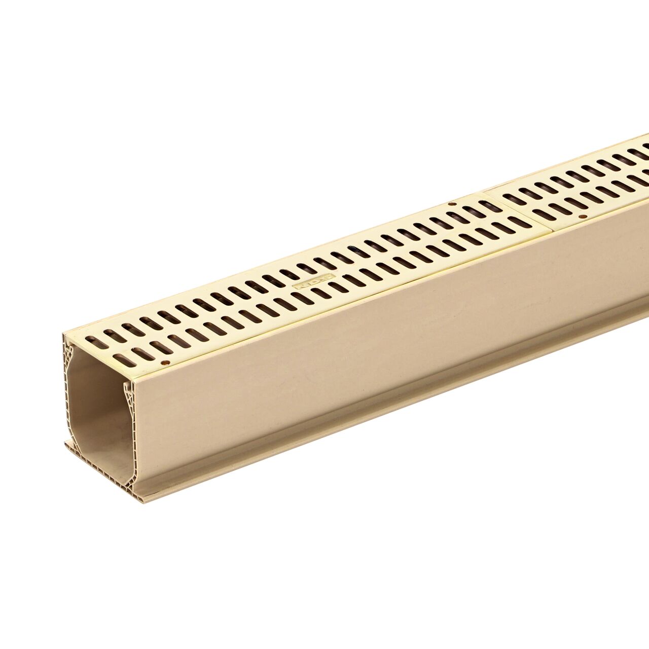 Partially installed NDS Sand 3-1/16 in. wide X 6 ft. long Mini Channel™ Drain (NDS 500S) with polished brass grate installed (NDS 553PB)